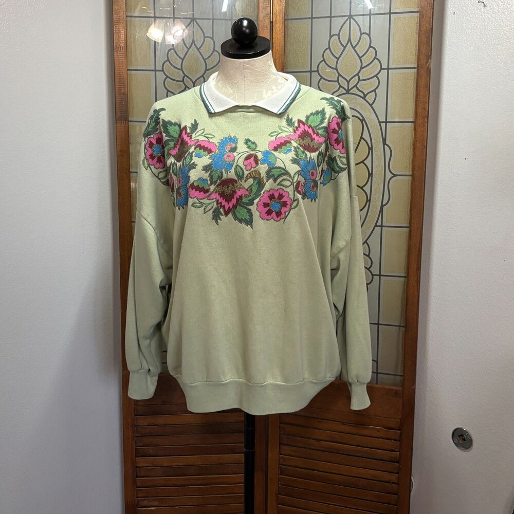Vintage 90s Floral Collared Crewneck Sweatshirt Preppy Made in USA Size XL